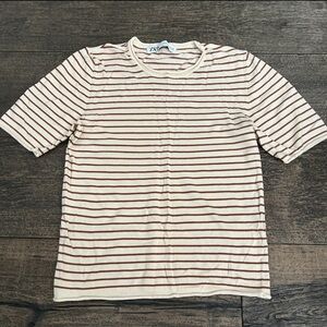 Zara Striped T-Shirt in Cream and Brown small
